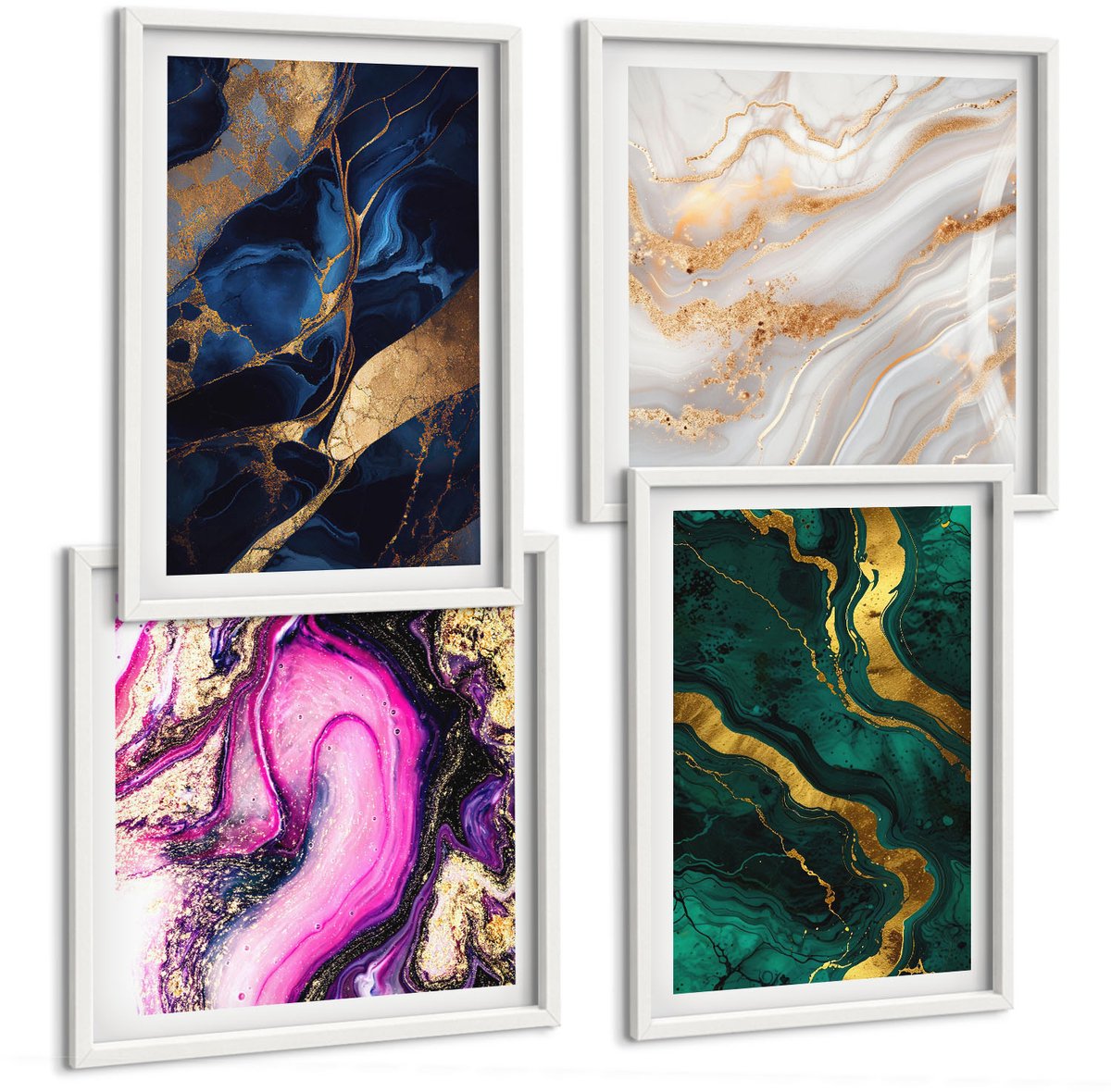 Wallfluent 4-Delige Schilderij Set - Abstracte Marmer- En Gemengde Kleurpatronen - 40 x 40 En 40 x 60 - Wanddecoratie - Schilderijen Set - Kantoor - Stijlvolle Muurdecoratie
