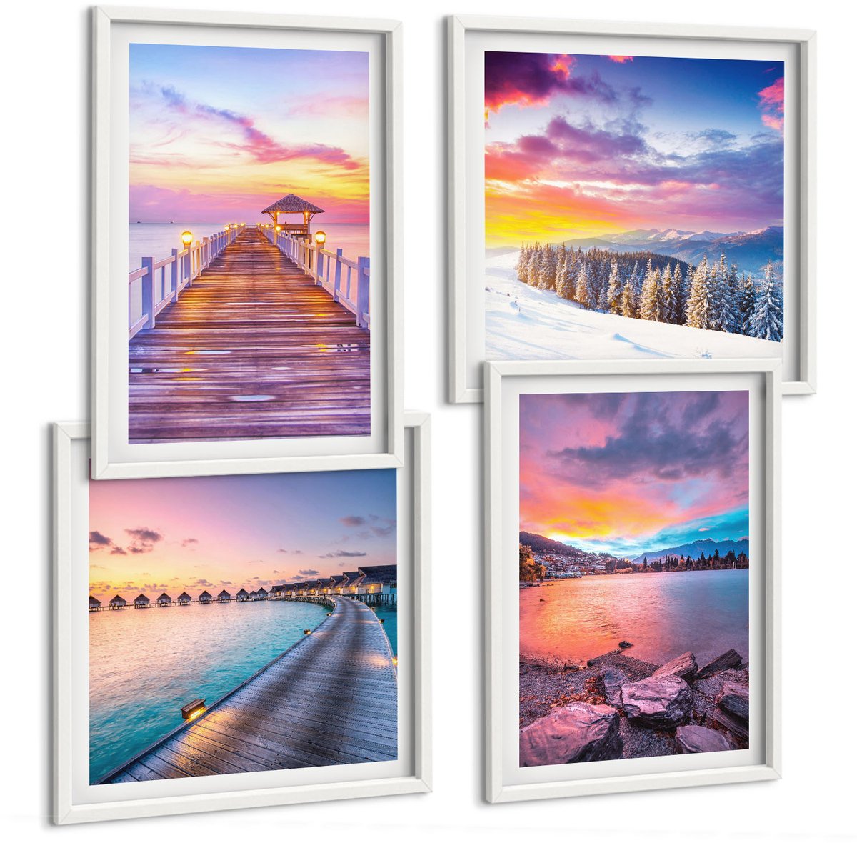 Wallfluent 4-Delige Schilderij Set - Winters Berglandschap Met Een Aanlegsteiger Aan Het Meer. - 40 x 40 En 40 x 60 - Muurdecoratie - Decoratieve Schilderijen - Wohnzimmer - Stijlvolle Muurdecoratie