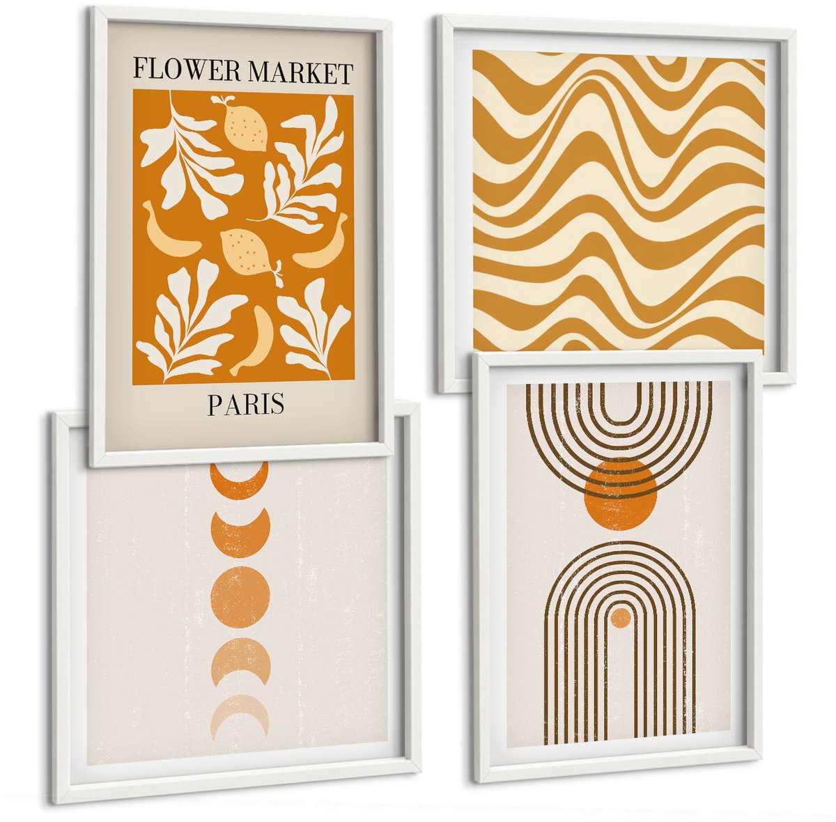 Wallfluent 4-Delige Schilderij Set - Modeposters Met Bloemen- En Geometrische Patronen - 40 x 40 En 40 x 60 - Muurdecoratie - Wanddecoratie - Hal