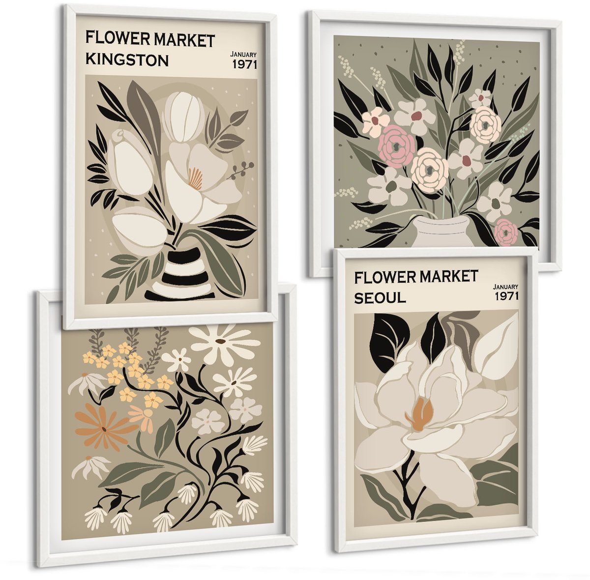Wallfluent 4-Delige Schilderij Set - Retro Bloemen Uit Verschillende Steden Over De Hele Wereld - 40 x 40 En 40 x 60 - Stijlvolle Wanddecoratie - Interieur - Interieur Decoratie
