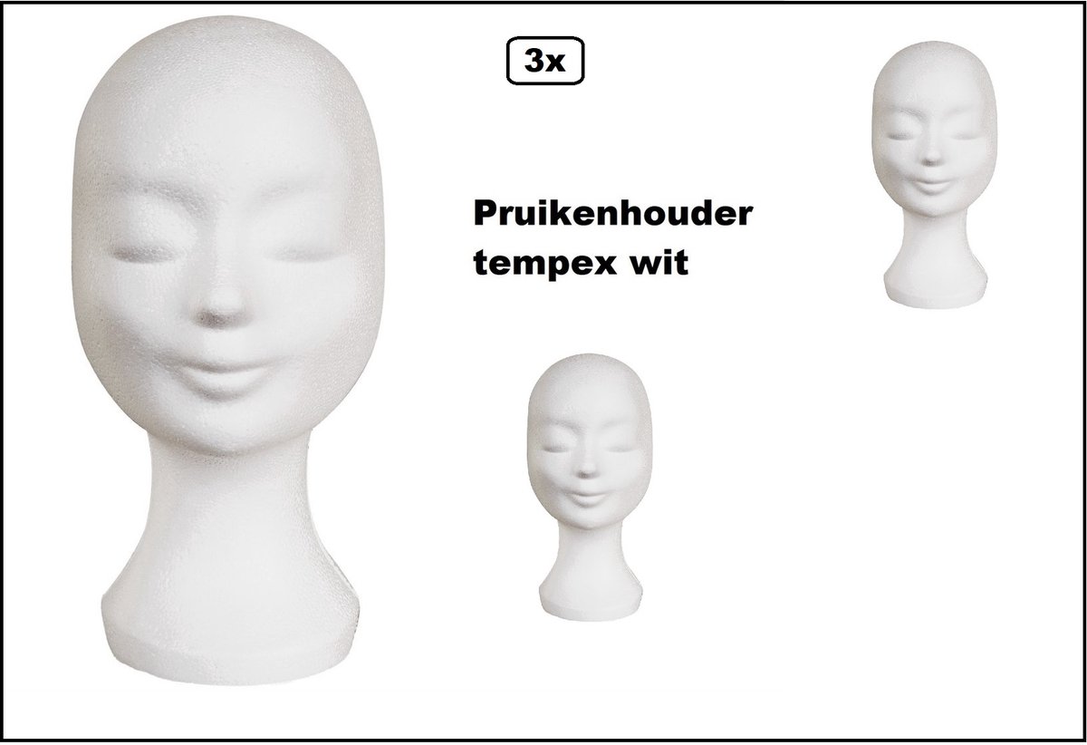 3 stuks Pruik houder tempex (styropor) wit pruiken standaard hoofdeksel thema feest hoofd festival decoratie
