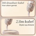 Close-up van de Sansbeauté airstyler met 360 draaibare kabel en een gedetailleerde weergave van de 2.8m kabel.