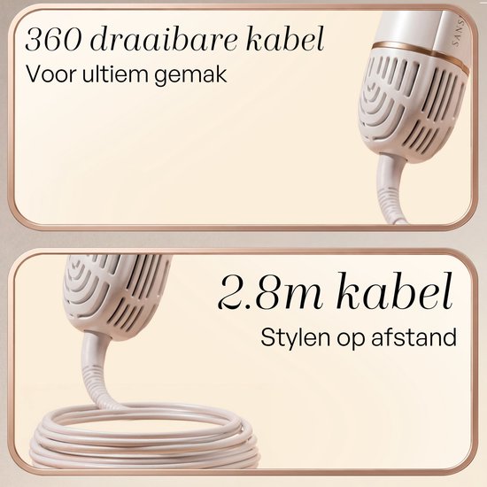 Close-up van de Sansbeauté airstyler met 360 draaibare kabel en een gedetailleerde weergave van de 2.8m kabel.