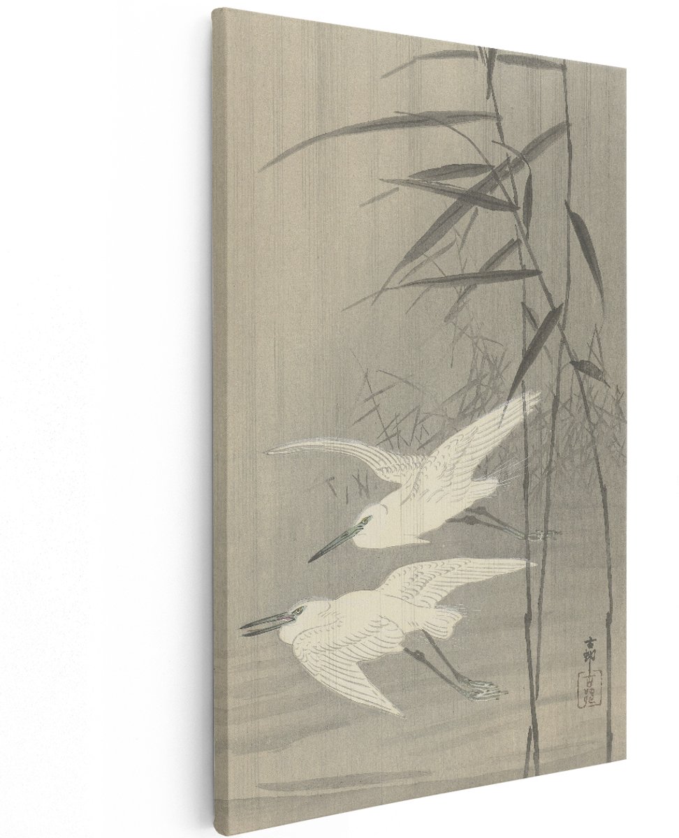 Artaza Canvas Schilderij Zilverreigers - 120x180 cm - Groot - Japandi Wanddecoratie Vogels - Muurdecoratie Riet - Schilderijen Op Canvas Japan