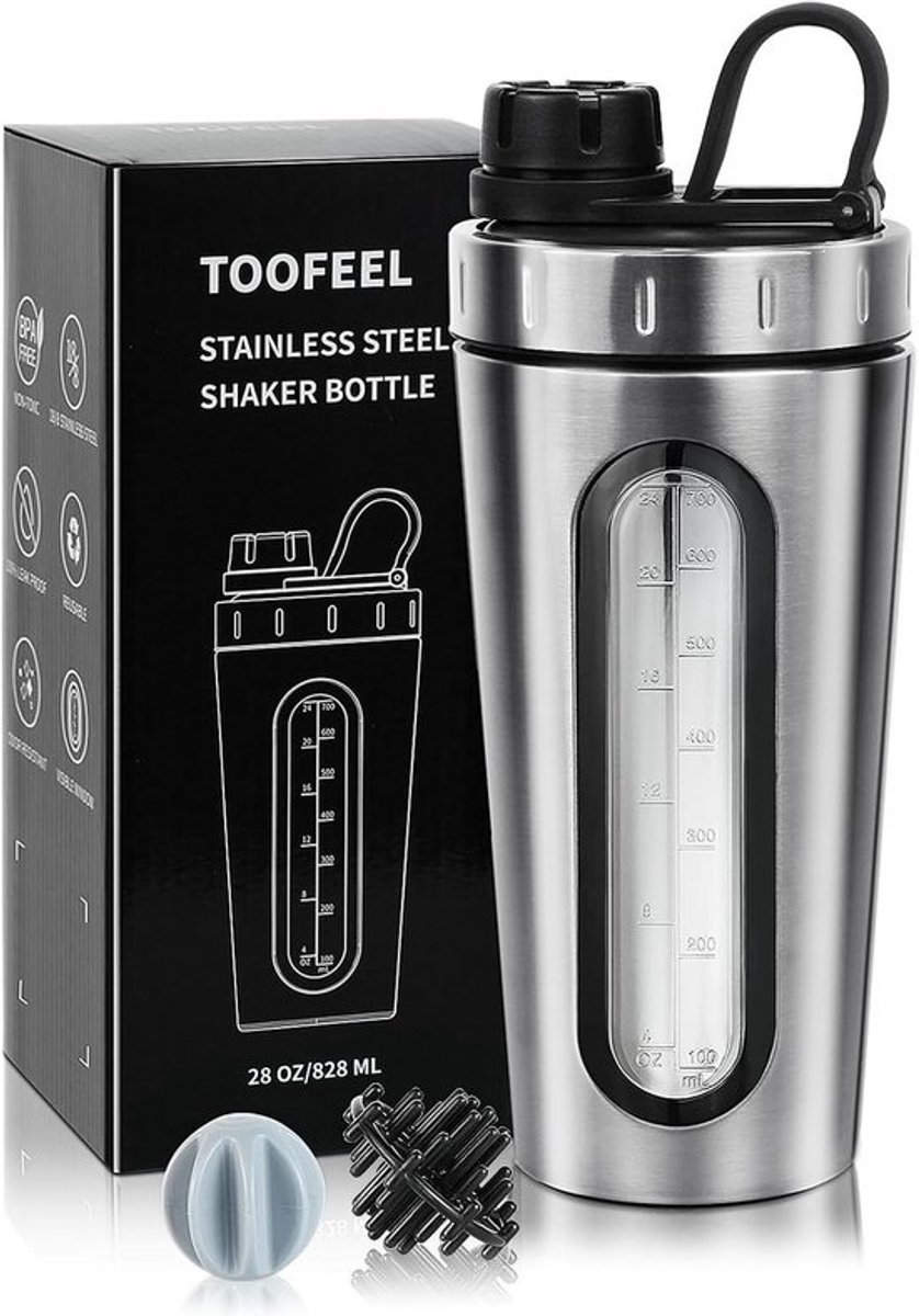 Eiwit Shaker Beker RVS 800ml met Mengballen - Lekvrije Metalen Drinkfles