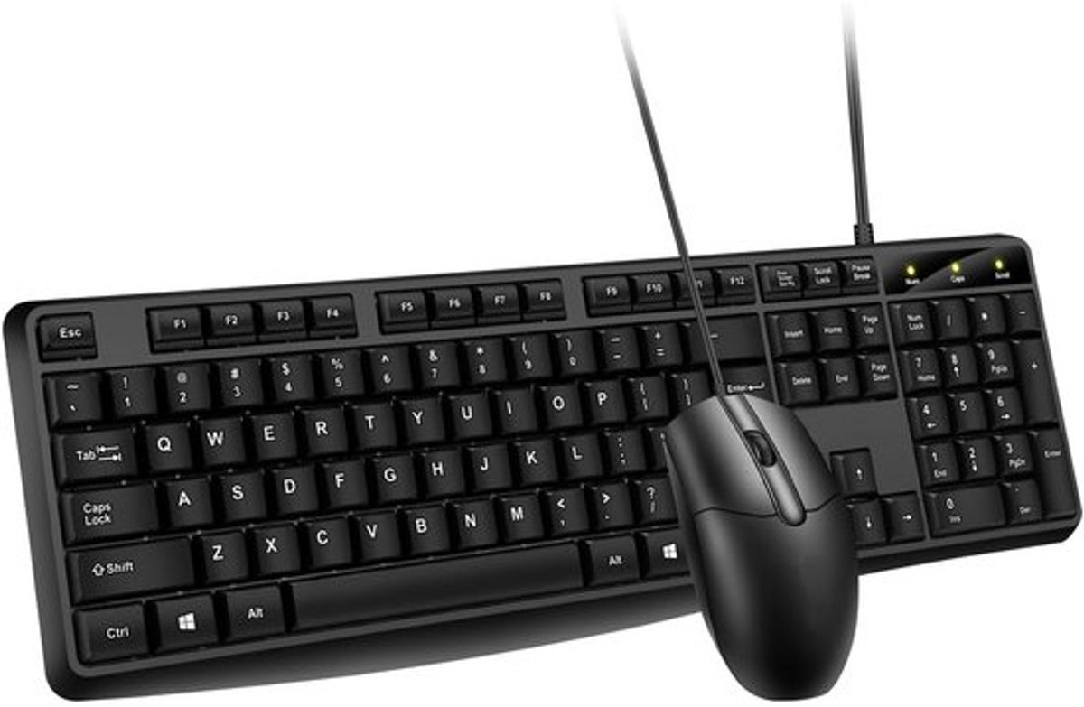 Bedraad toetsenbord en muis - 104 toetsen met numeriek toetsenbord, LED indicatoren, ergonomisch ontwerp voor Windows Mac PC - Vierkante toetsdop - Zwart