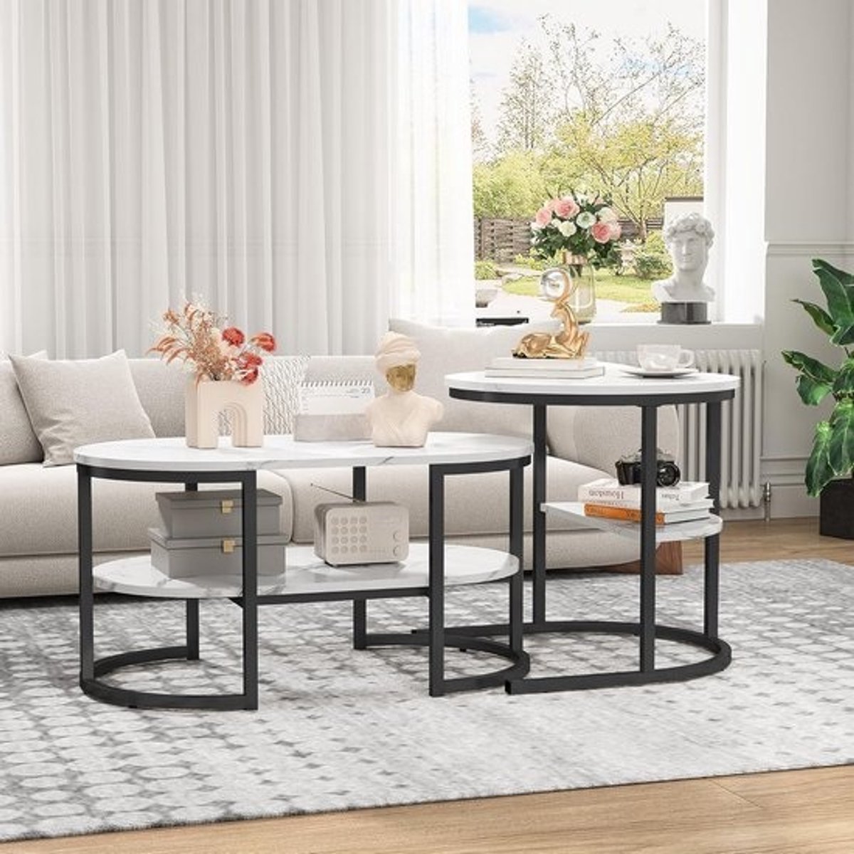 Set van 2 Ronde en Ovale Bijzettafels met Opbergruimte, Uitschuifbare Salontafel, Marmeren Look, Metalen Frame - Wit + Zwart
