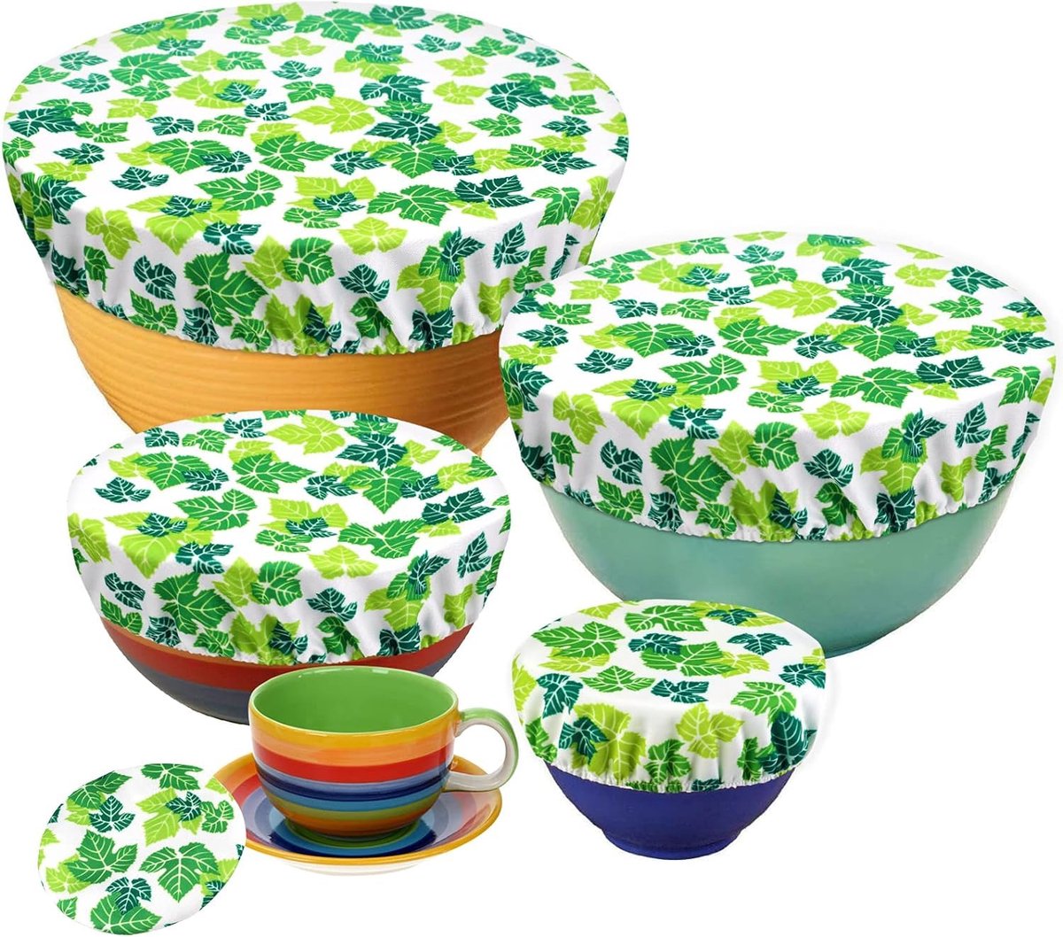 5 stuks Herbruikbare Voedselafdekhoezen - Van stof met elastiek - Rekbaar en waterdicht - Voor saladeschalen en pannen - Groen blad design
