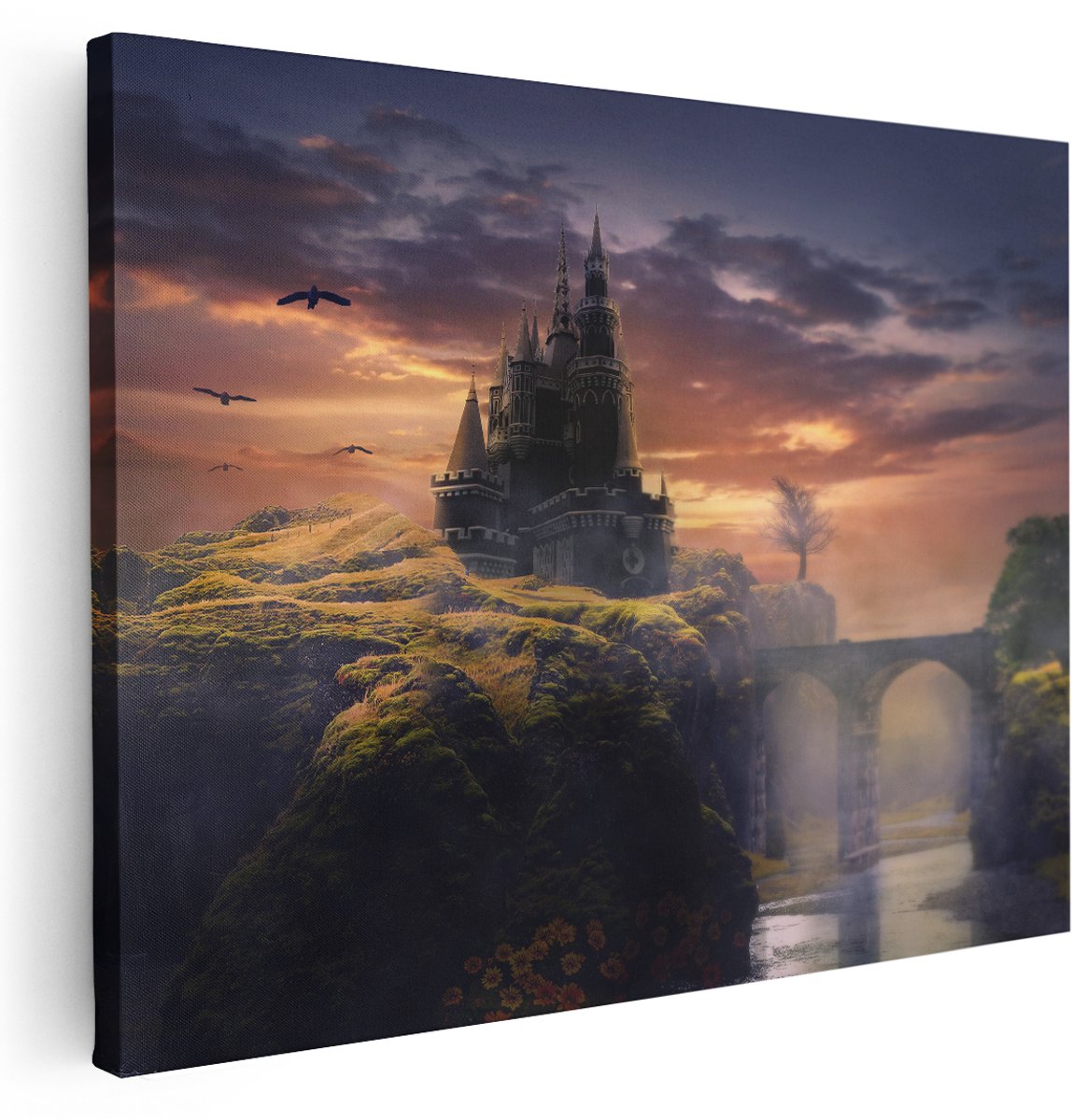 Artaza Canvas Schilderij Oud Kasteel op een Heuvel - 160x120 cm - Groot - Wanddecoratie Woonkamer - Schilderijen - Muurdecoratie