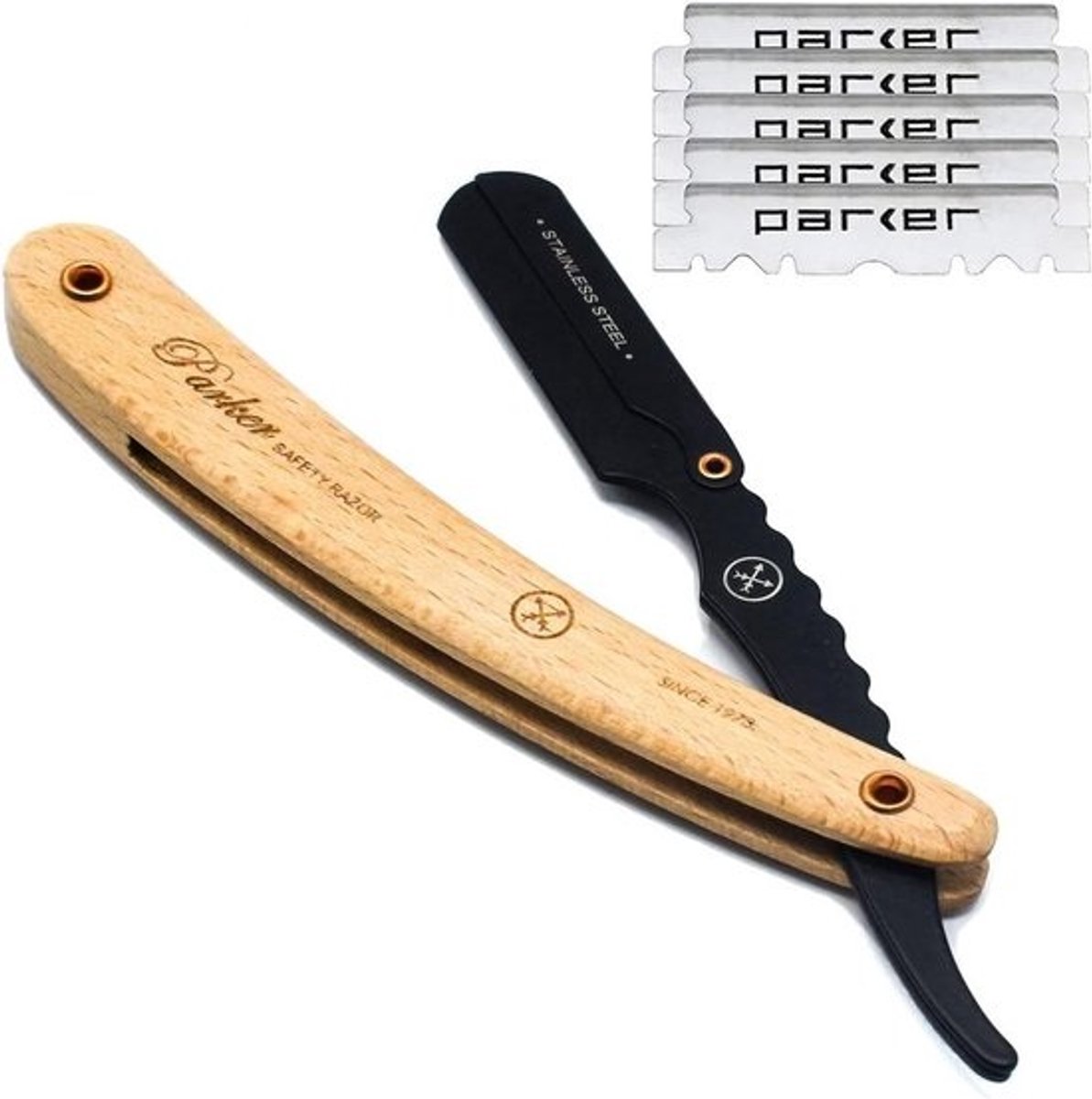 Scheermes met Houten Handvat en RVS Clip - Type Rechte Barber Scheermes met 5 Vervangbare Bladen