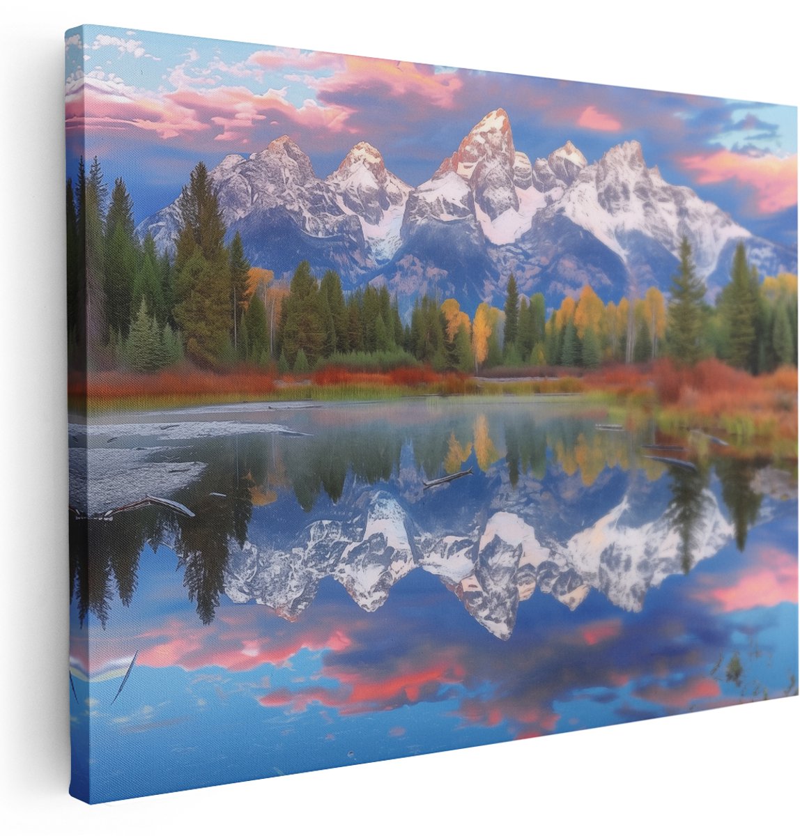 Artaza Canvas Schilderij Grand Teton Gebergte Weerspiegeld in een Meer - 160x120 cm - Groot - Wanddecoratie Woonkamer - Schilderijen - Muurdecoratie