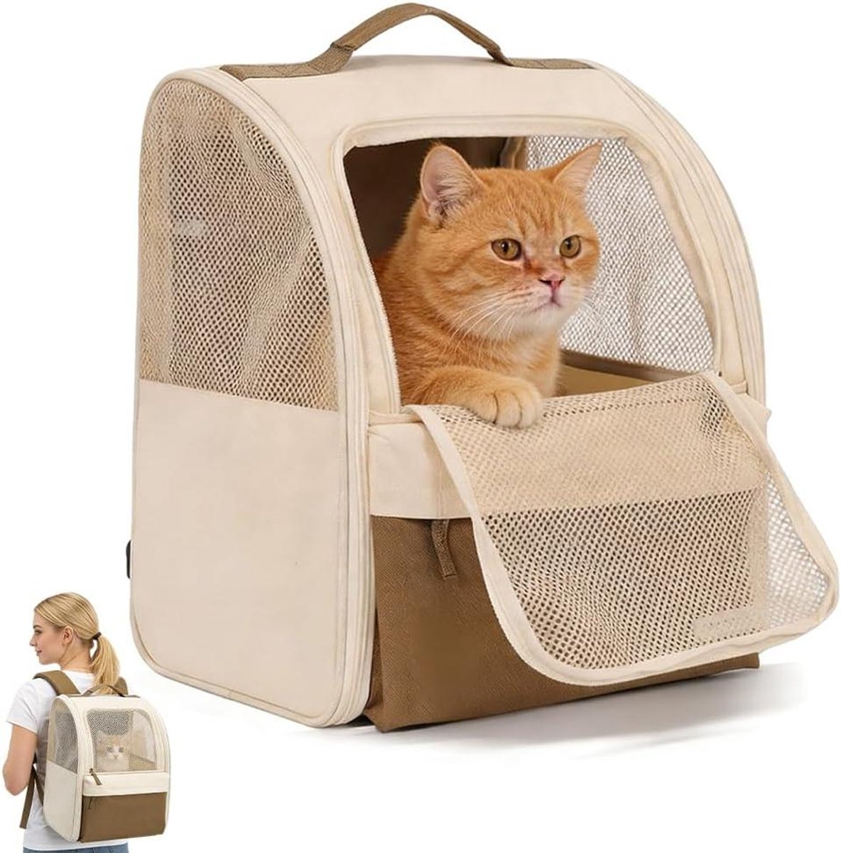 Huisdier Rugzak - Reis Draagtas - Veilig Vervoer - Opvouwbaar Ademend - 45 x 30 x 25 cm - Beige Bruin