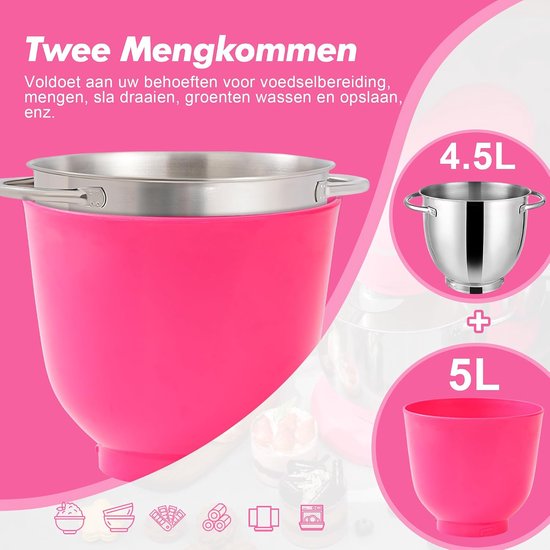 Keukenmachine - Standmixer - Bakken en Koken - Dubbele Mengkom - 4.5L + 5L - Donkerroze — afbeelding 4