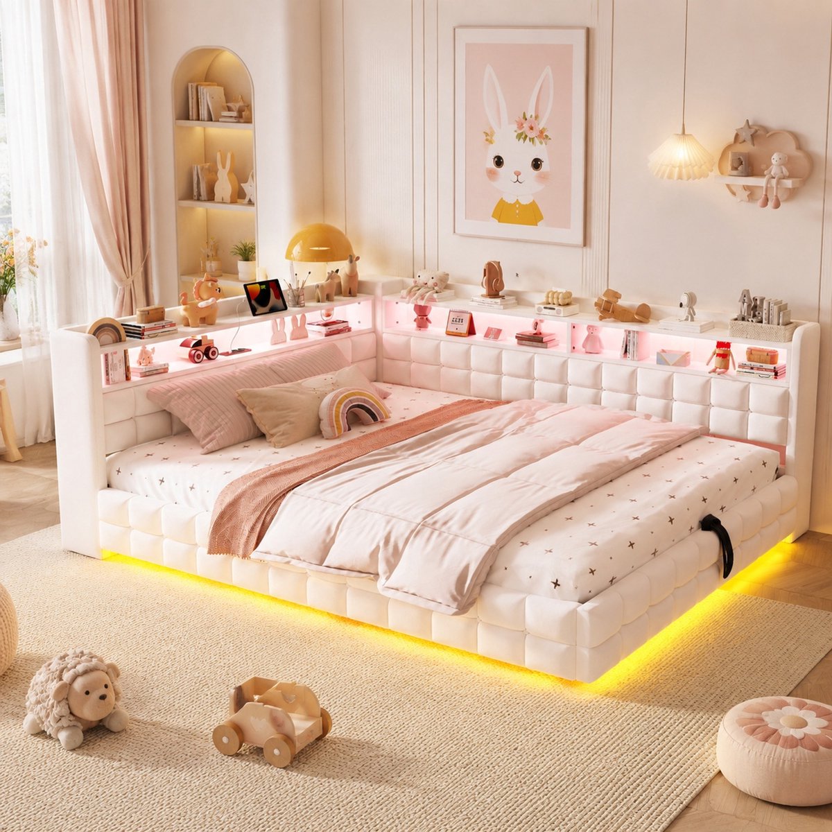 MODENUIT Slaapbank 140 x 200 cm - Opbergruimte, LED-Verlichting, Stopcontact, USB en USB-C - Beige - Velours