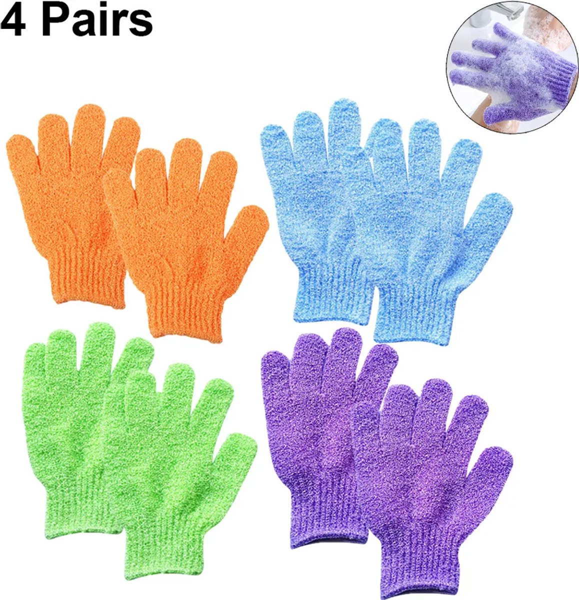 Unisex scrubhandschoenen, 8 stuks, dik en groot formaat, Geschikt voor douchen, spa's en massages - te gebruiken Geschikt voor het scrubben van lichaam, gezicht, handen en andere lichaamsdelen, paars + groen + oranje + blauw kleurenschema.