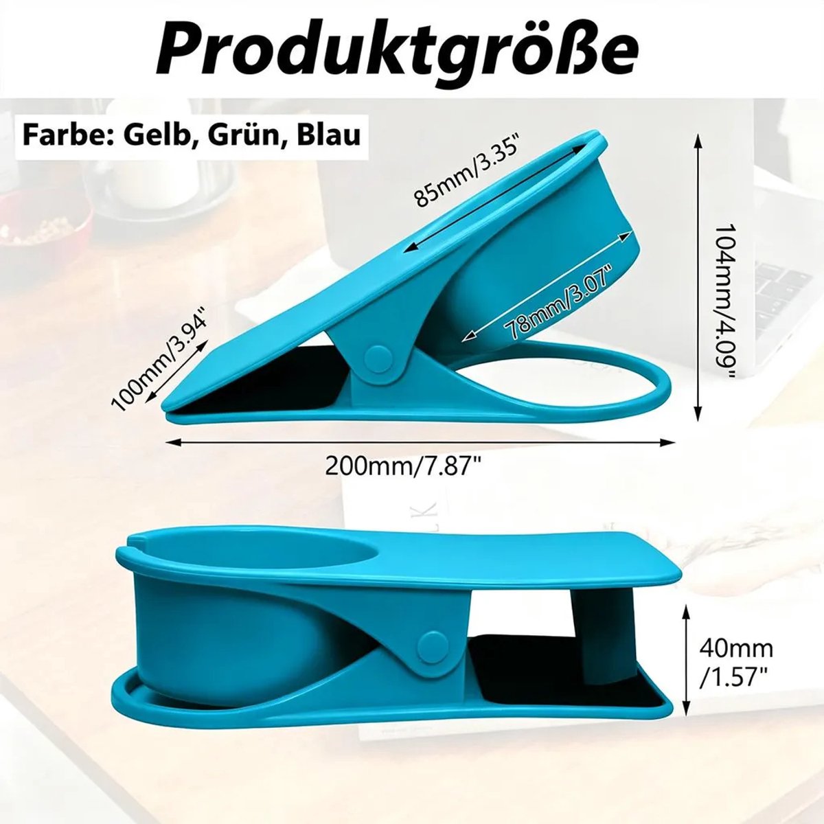 Een set van 3 drankhouders Geschikt voor zijclips, Geschikt voor tafels en stoelen, Geschikt voor water, koffie en frisdrank. Verkrijgbaar in groen, blauw en geel, praktisch en stevig.