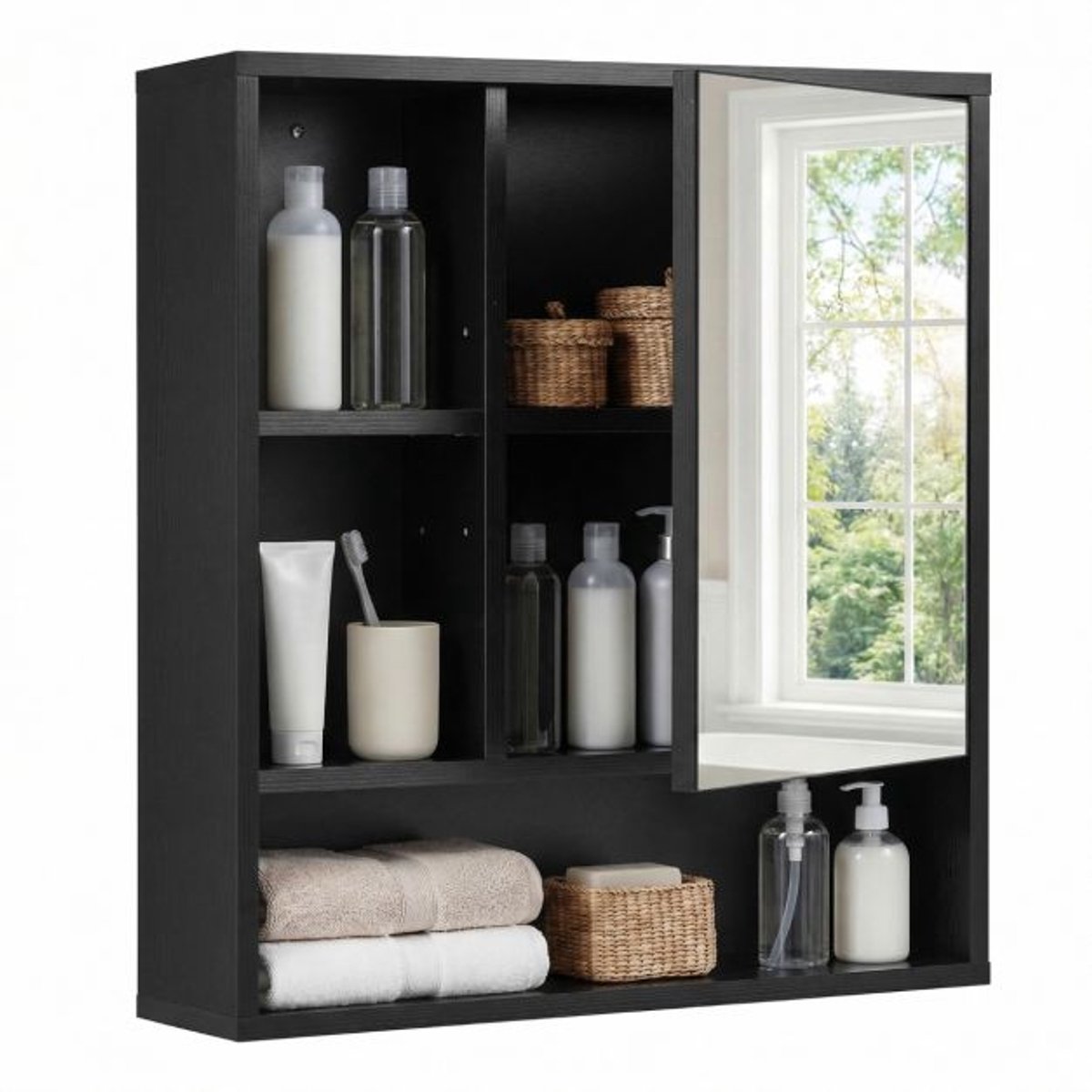 SureDeal® - Hangkast - Badkamermeubel - Spiegel Voorzien Spiegel - Legplanken - 55x16x61 cm - Zwart
