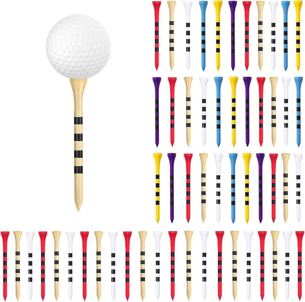 50 stuks premium houten golftees van 83 mm, kleurrijk en ideaal voor hobbygolfers en professionals, inclusief handige houder