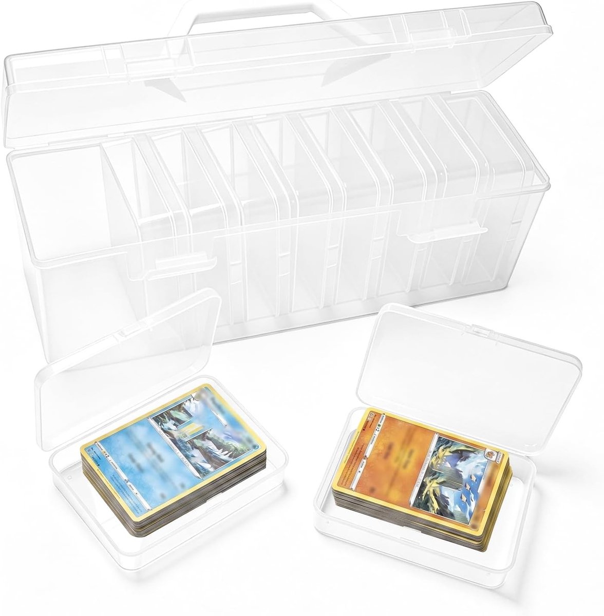 Verzamelkaartenbox met handvat en 10 kaartenetuis, ideale opbergdoos voor speelkaarten en sportkaarten