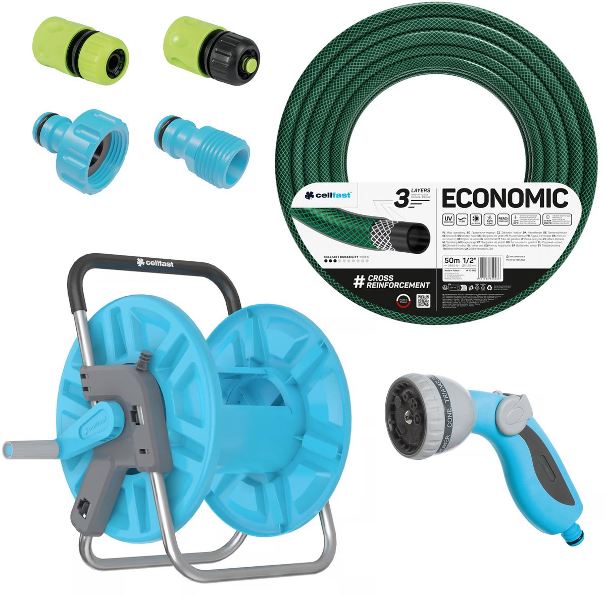 Tuinslang Economic 1/2" 50 m + standaard, aansluiting met binnendraad 3/4", aansluiting met buitendraad 1/2", doorstroom- en stop-snelkoppeling 1/2" + 8-standen sproeipistool Cellfast Mix Ideal