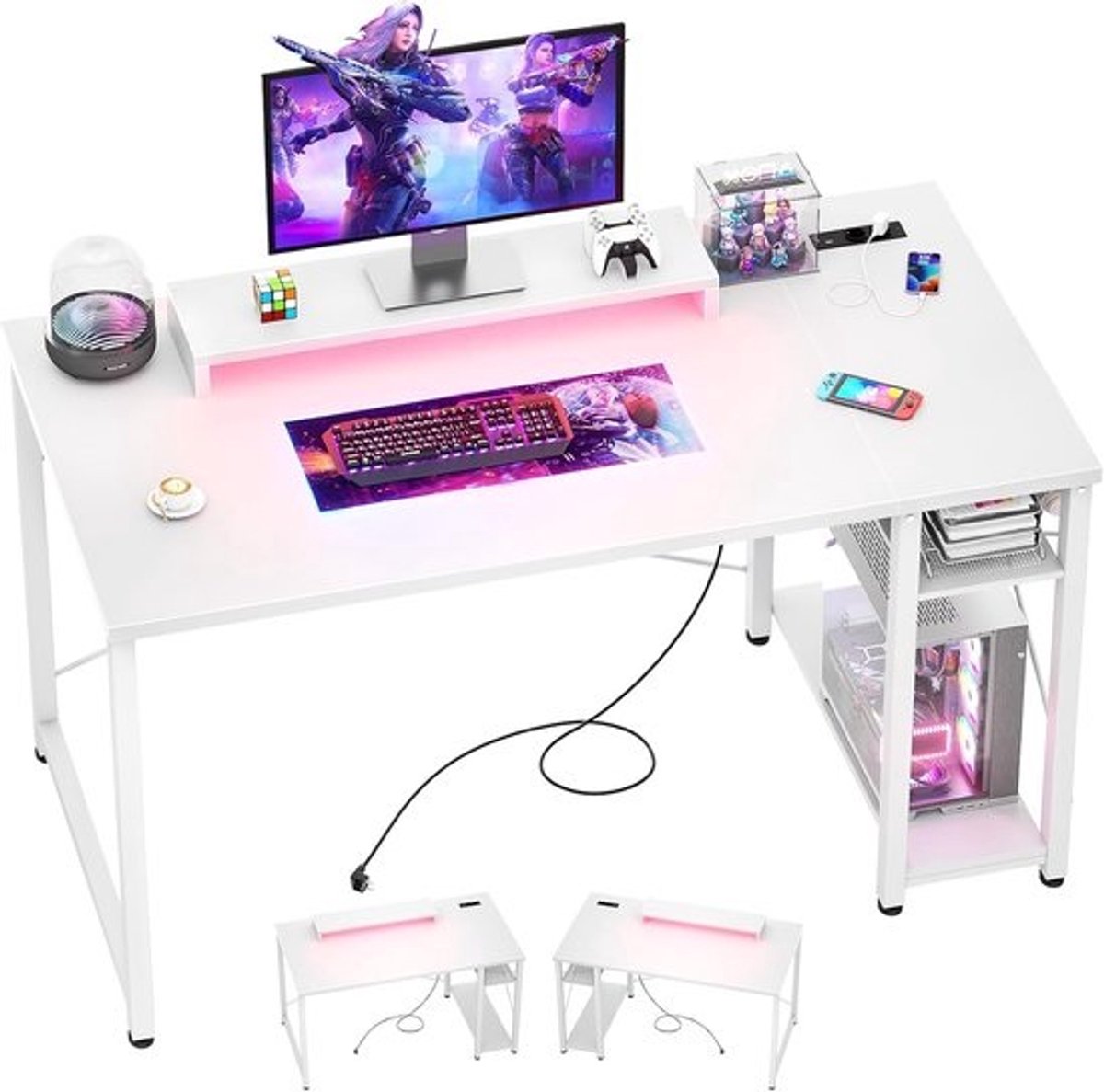 Gamingbureau met Monitorstandaard, Stopcontacten, RGB LED en Opbergruimte