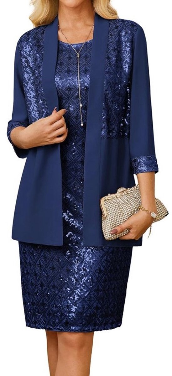 Mouwloze Glitterjurk met Pailletten, Ronde Hals, Set van 2, Bodycon Cocktailjurk met Chiffon Cardigan