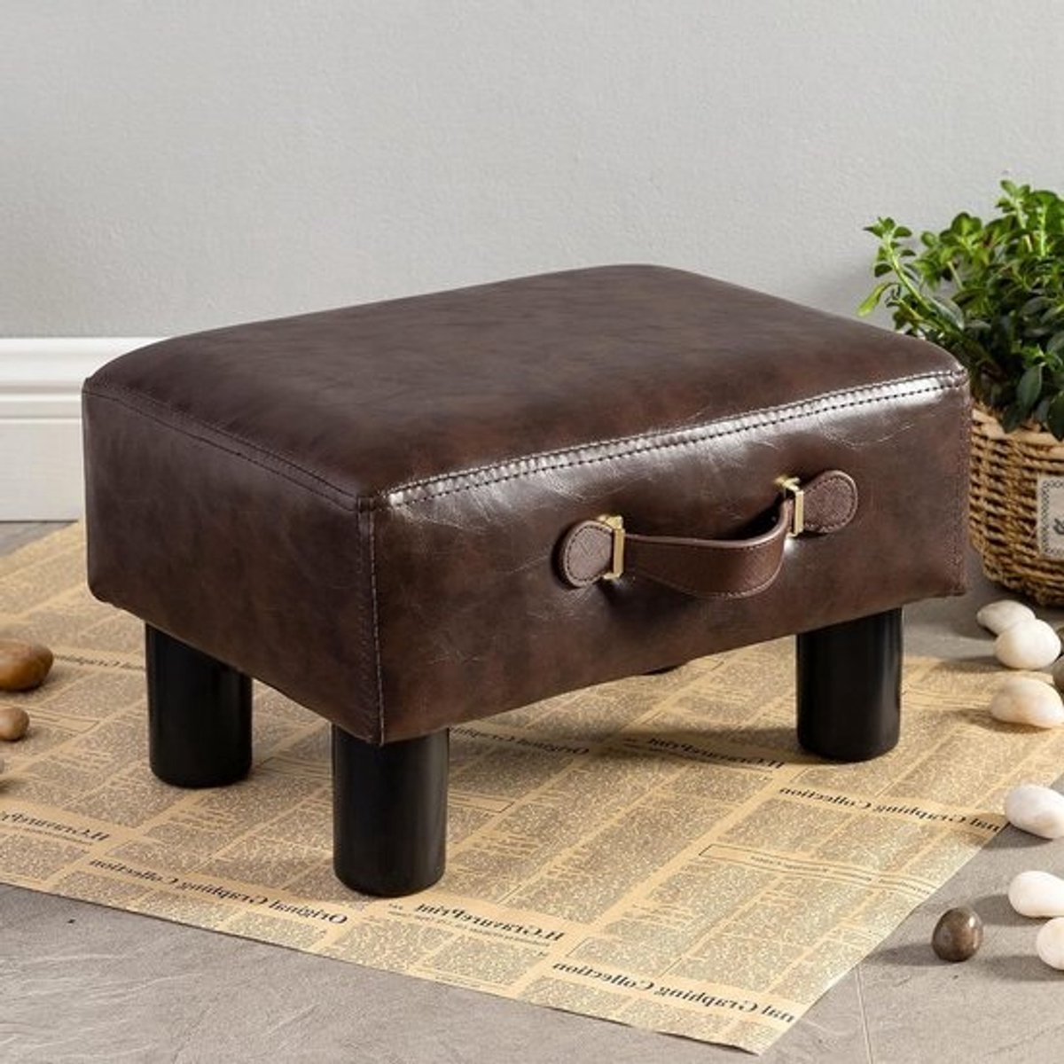 Voetkruk met handvat - Ottomaanse poef voetenbank - Voeten rusten - Draagbaar handvat - 36 cm zithoogte - Bruin