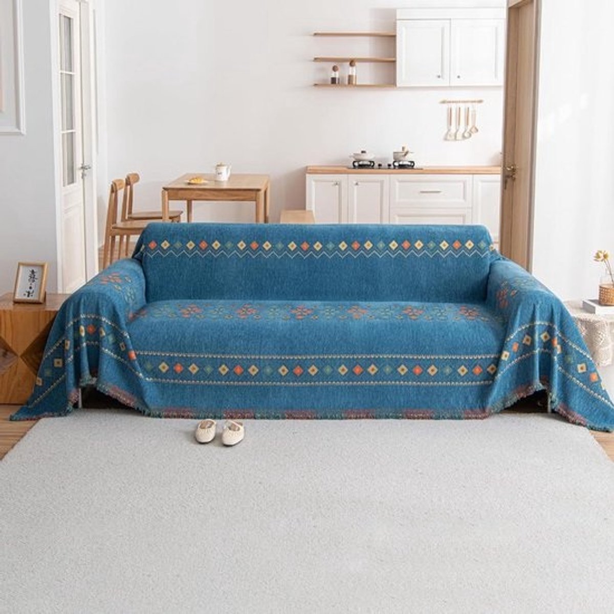 Boho Plaid Chenille Deken - Zachte Plaid Bank - Woonkamer Aankleden - Dubbelzijdig Ontwerp - 180 x 230 cm - Blauw