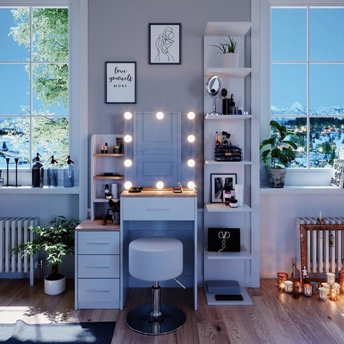 Make-up tafel met LED verlichting en krukje - 80 cm