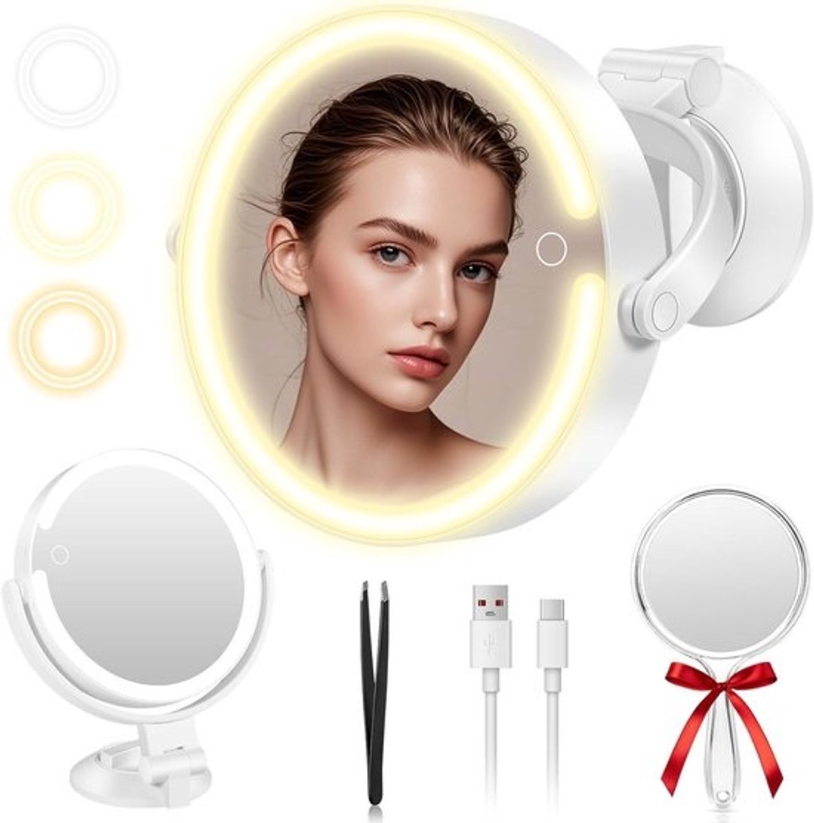 Magnifying Mirror with Light - Rechargeable Makeup Mirror - 10X/1x Double-Sided - 360° Flip - 3 Color Modes & Touch Dimming - Wall Mounted Suction Cup - Makeup Mirror for Bathroom & Travel
