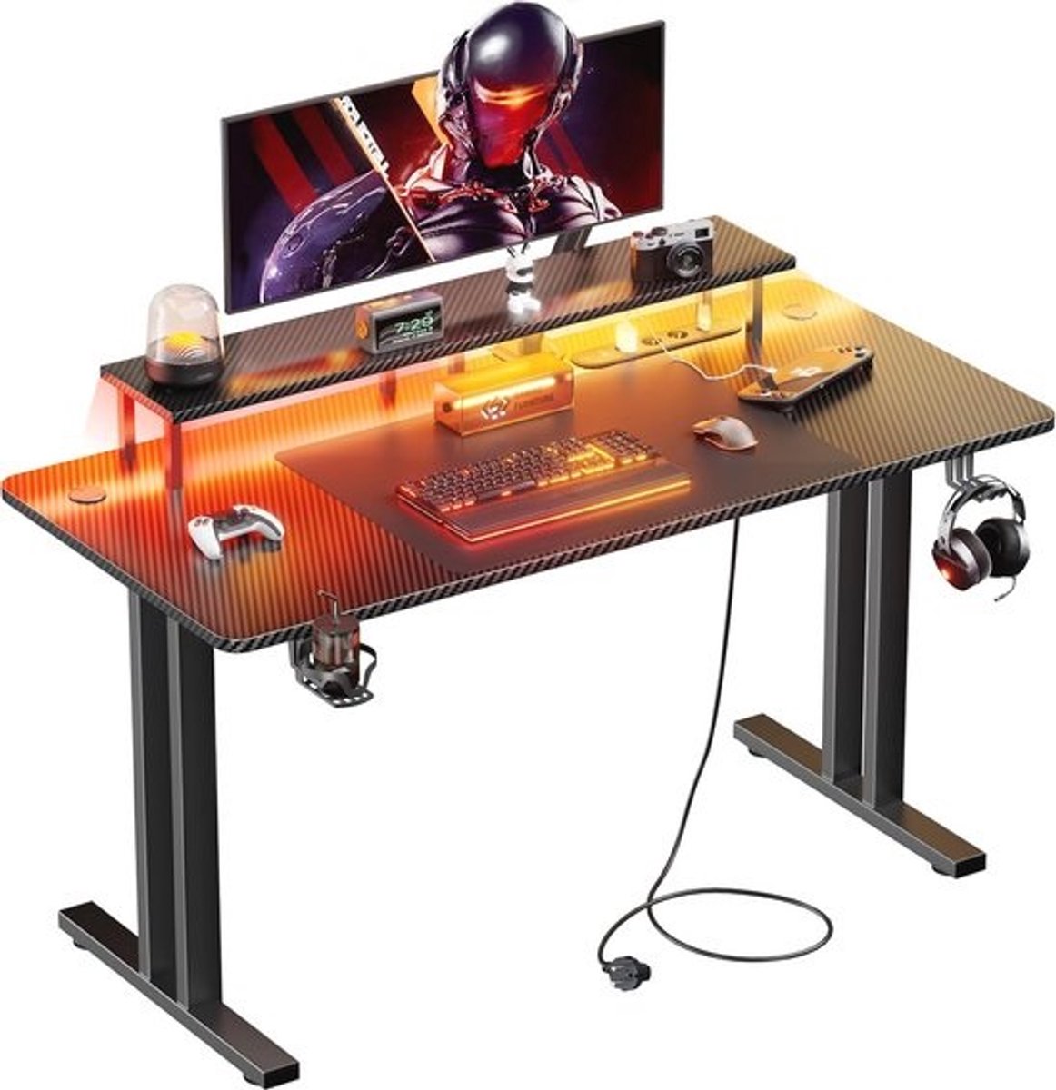 LED Gamingtafel 140 x 60 cm met Monitorstandaard en Stopcontact voor Thuiswerken