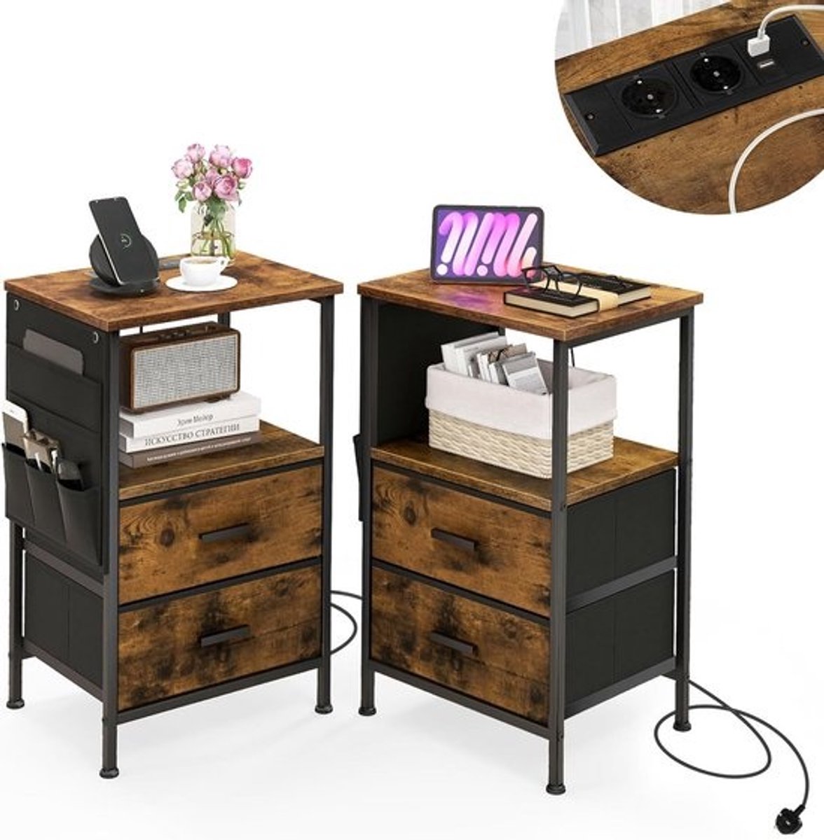 Nachtkastje met 2 Laden, 2 Stopcontacten en 2 USB-poorten | Smalle Bijzettafel met Opbergvakken