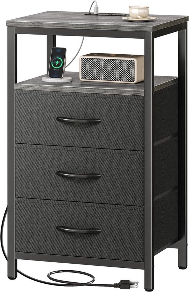 Nachtkastje met Oplaadstation en USB-poorten - 27,6 inch Houten Bijzettafel voor Slaapkamer