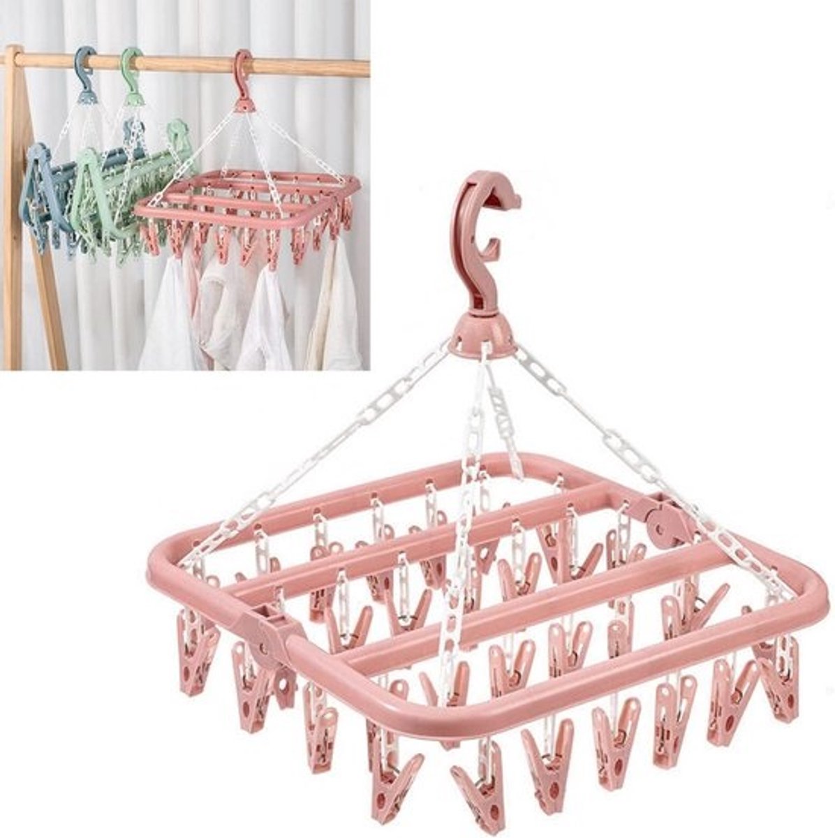 2 Pack Drying Clothesline 32 Peg Airer for Underwear Sock Pants -Bra Lingerie Camping Caravan Travel Wardrobe - Windproof Drying Rack with Clips