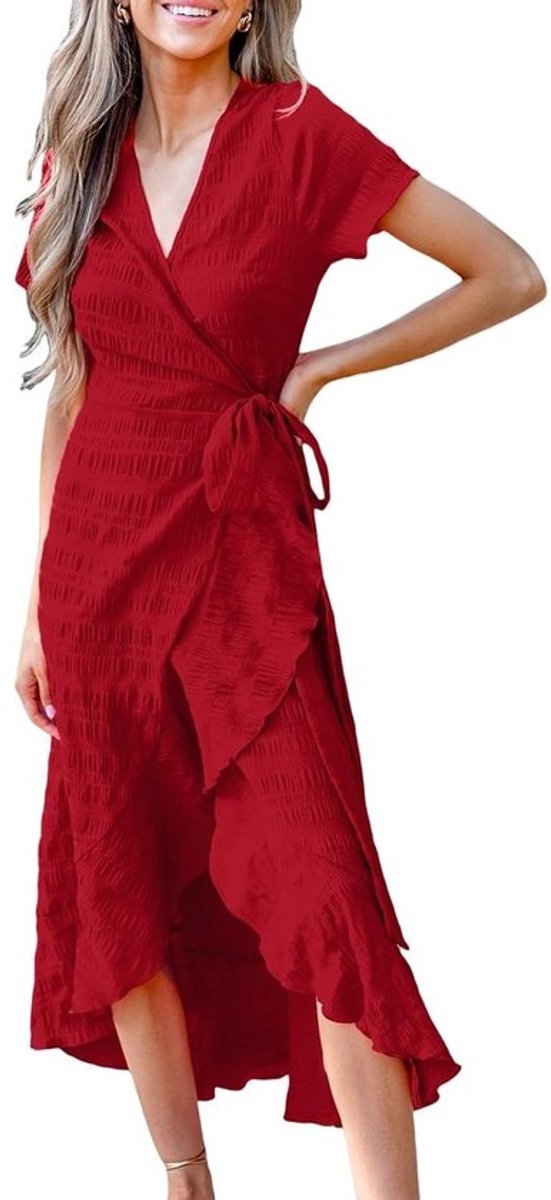 Zomer Maxi Wrap Dress voor Vrouwen met Slit en Flared Sleeves - V-hals Ruffle Strandjurk
