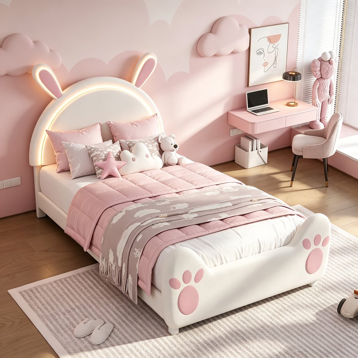 Kinderbed 140x200 cm, tweepersoonsbed met LED-verlichting, schattig konijnenhoofdbord met konijnenoren, gestoffeerd bed, fluweel, wit, zonder matras