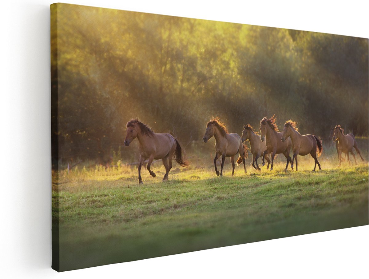 Artaza Canvas Schilderij Kudde Bruine Paarden In De Wei - 180x90 cm - Groot - Wanddecoratie Woonkamer - Schilderijen - Muurdecoratie