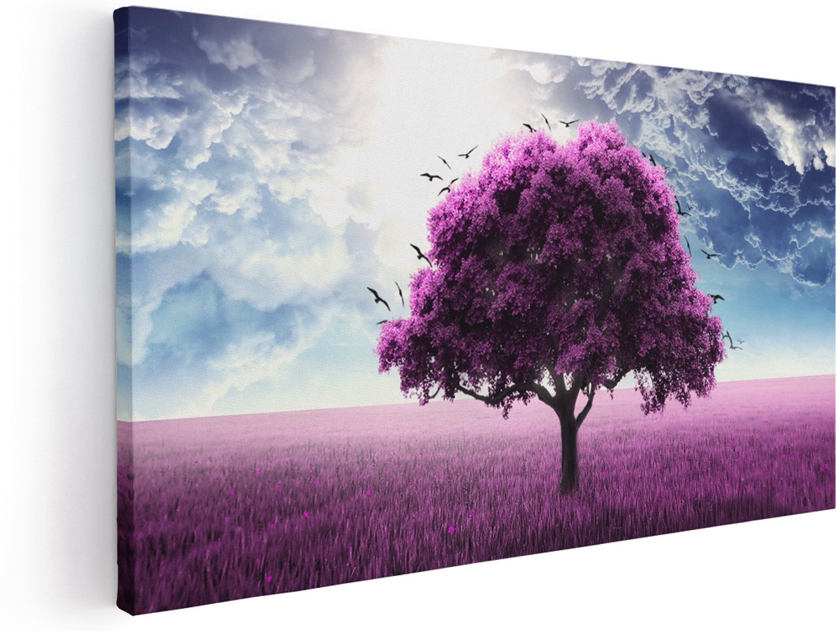 Artaza Canvas Schilderij Paarse Boom In Het Paars Veld Met Vogels - 180x90 cm - Groot - Wanddecoratie Woonkamer - Schilderijen - Muurdecoratie