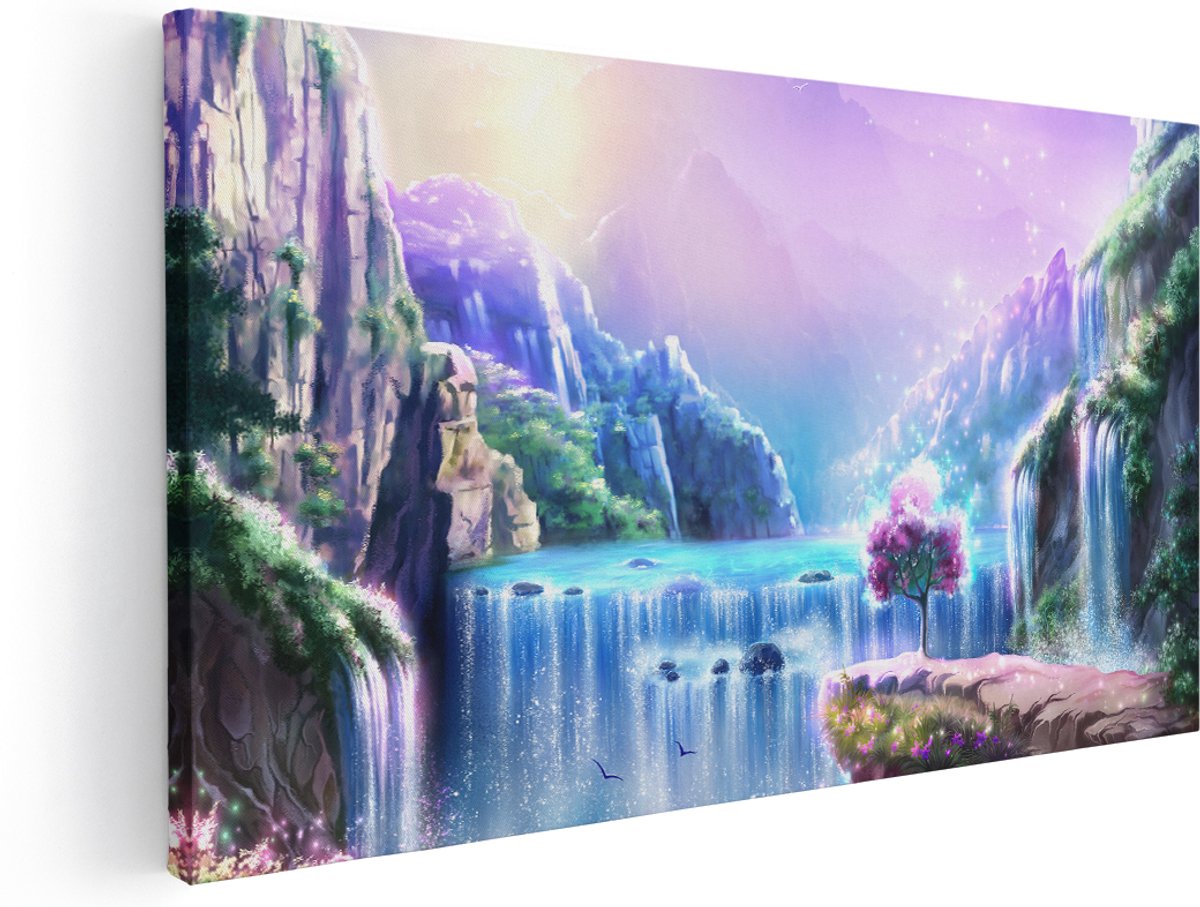 Artaza Canvas Schilderij Kleurrijke Sprookjes Waterval - Abstract - 180x90 cm - Groot - Wanddecoratie Woonkamer - Schilderijen - Muurdecoratie