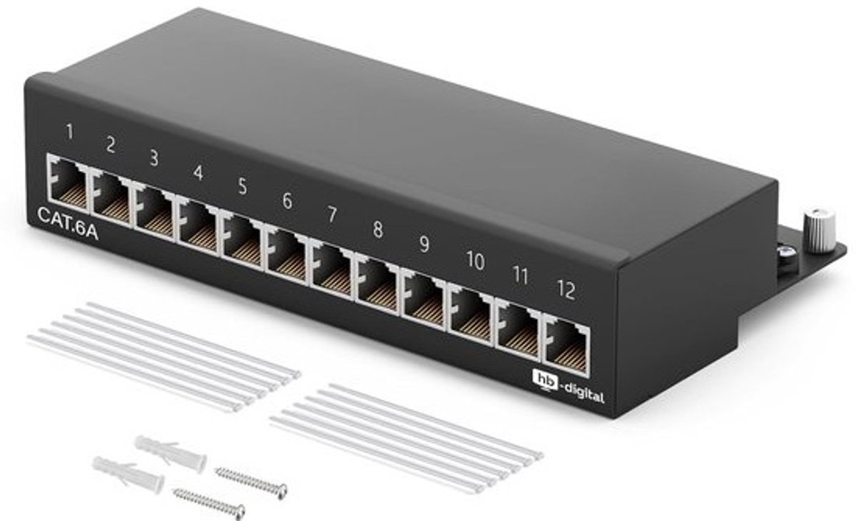 Patchpaneel 12 poort - Netwerk verdeler - Netwerk aanleggen - Afgeschermde RJ45 - CAT.6a - Zwart