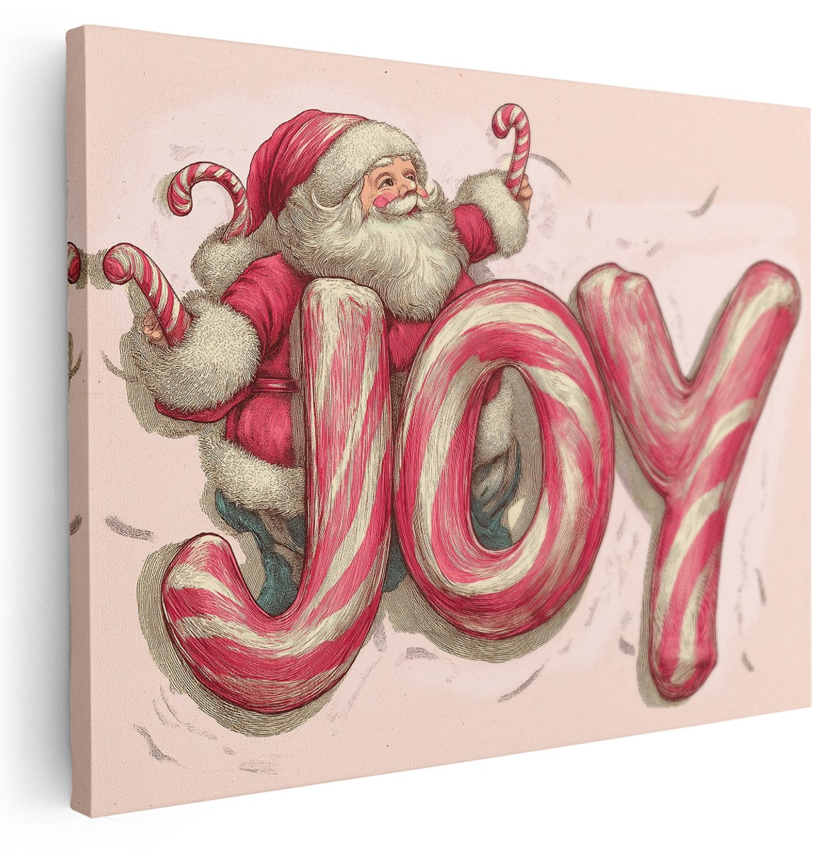 Artaza Canvas Schilderij Joy Tekst - 160x120 cm - Groot - Wanddecoratie Kerstman - Muurdecoratie Vintage Kerst - Kamer Accessoires Snoepstok - Rood
