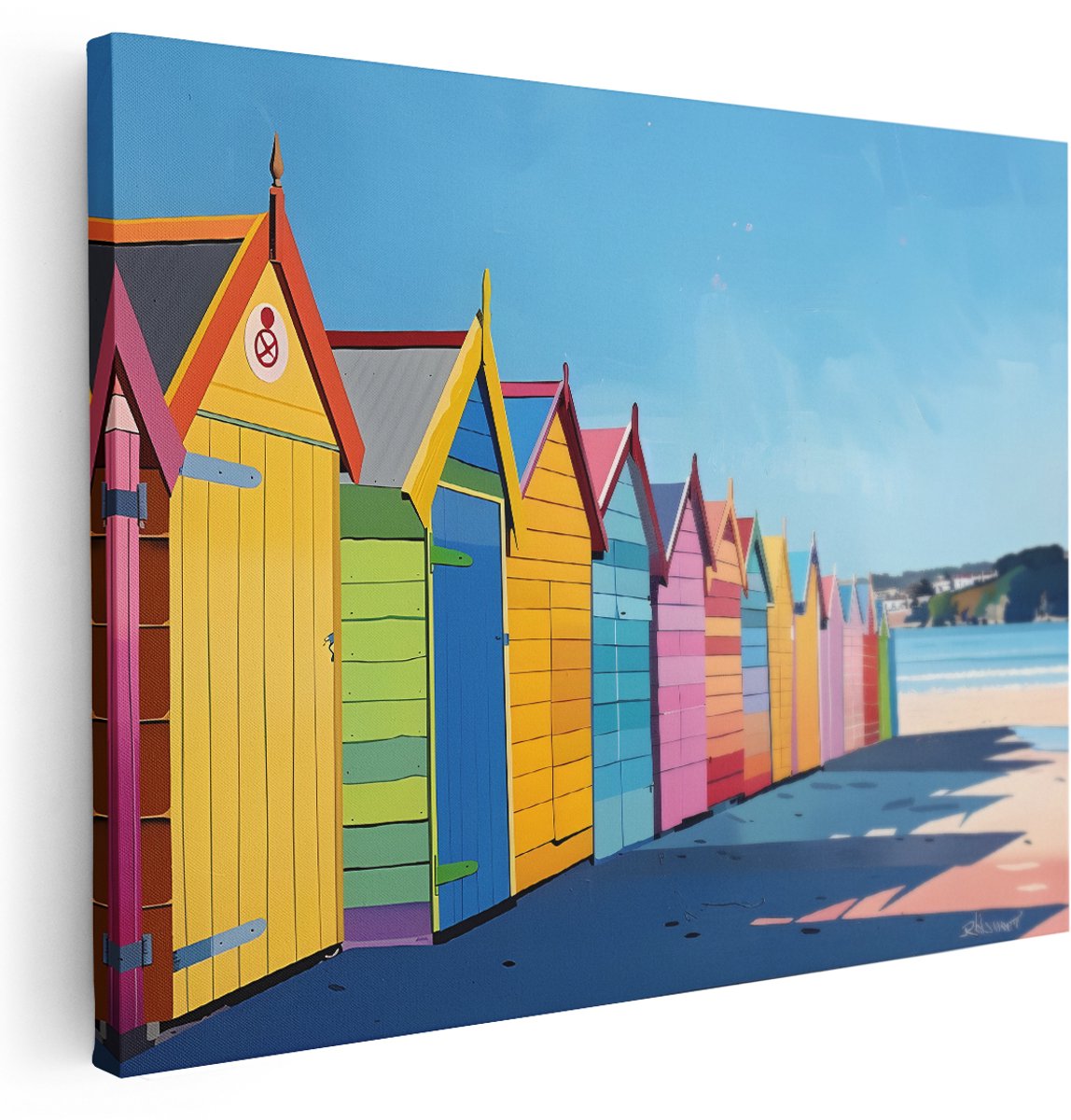 Artaza Canvas Schilderij Kleurrijk Strand - 160x120 cm - Groot - Wanddecoratie Zee - Muurdecoratie Strandhuisjes - Schilderijen Op Canvas Kust