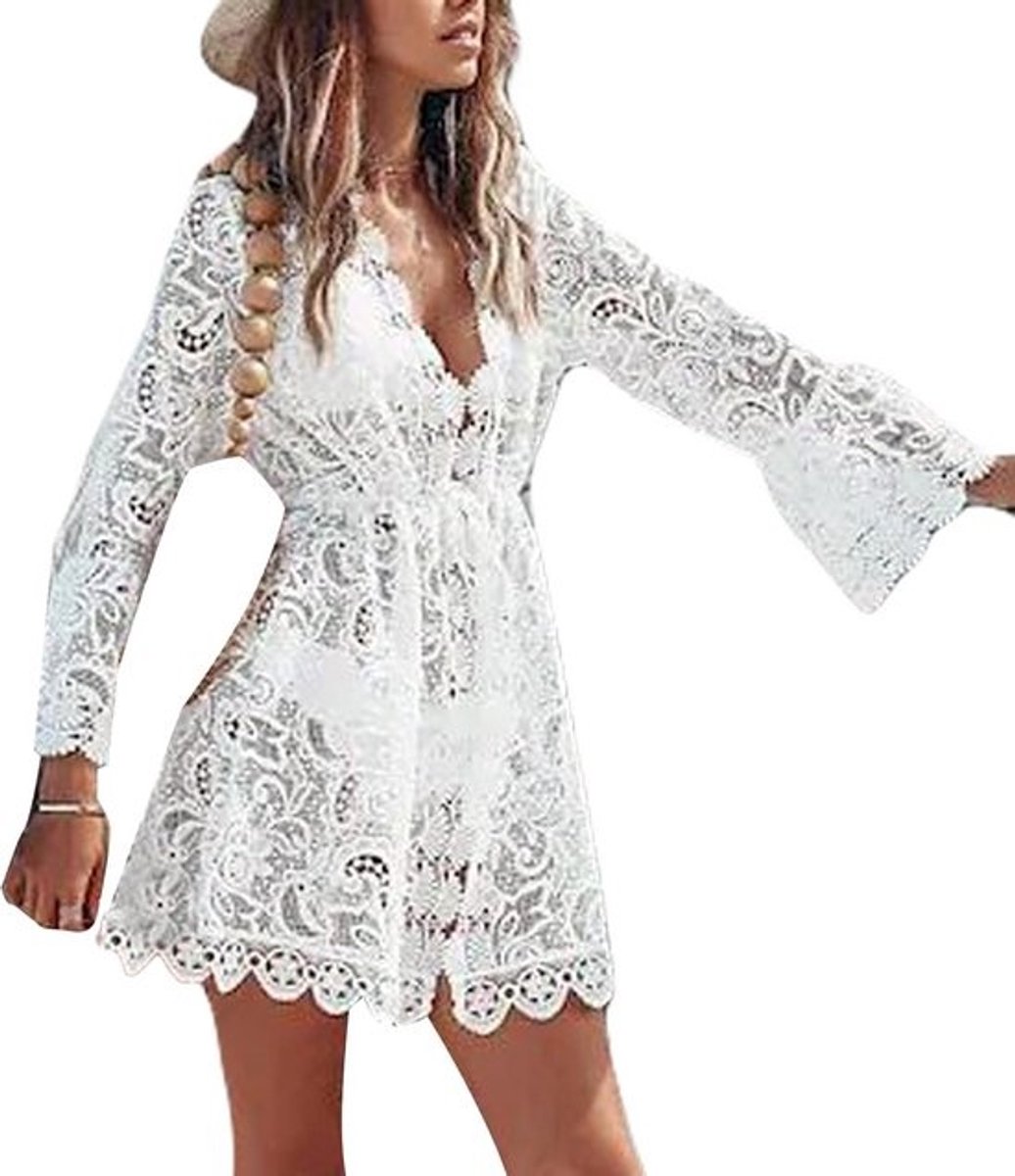 Dames Bikini Cover Up Lange Mouw V-hals Kant Mini Jurk Zomer Strandkleding