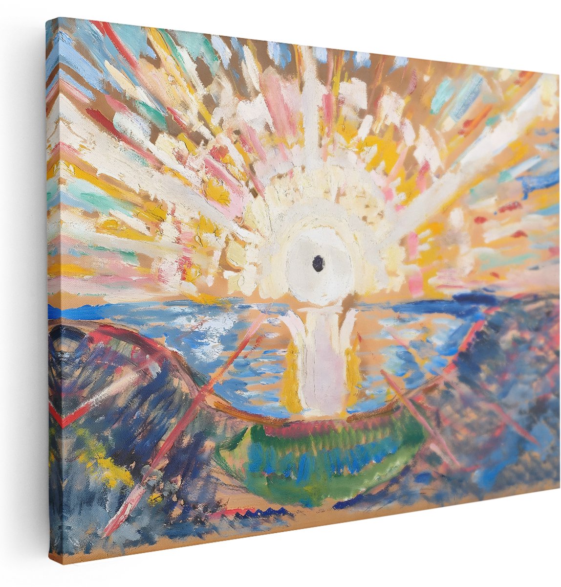 Artaza Canvas Schilderij Abstracte Zee - 160x120 cm - Groot - Wanddecoratie Natuur - Muurdecoratie Zonsopgang - Schilderijen Op Canvas Kleurrijk