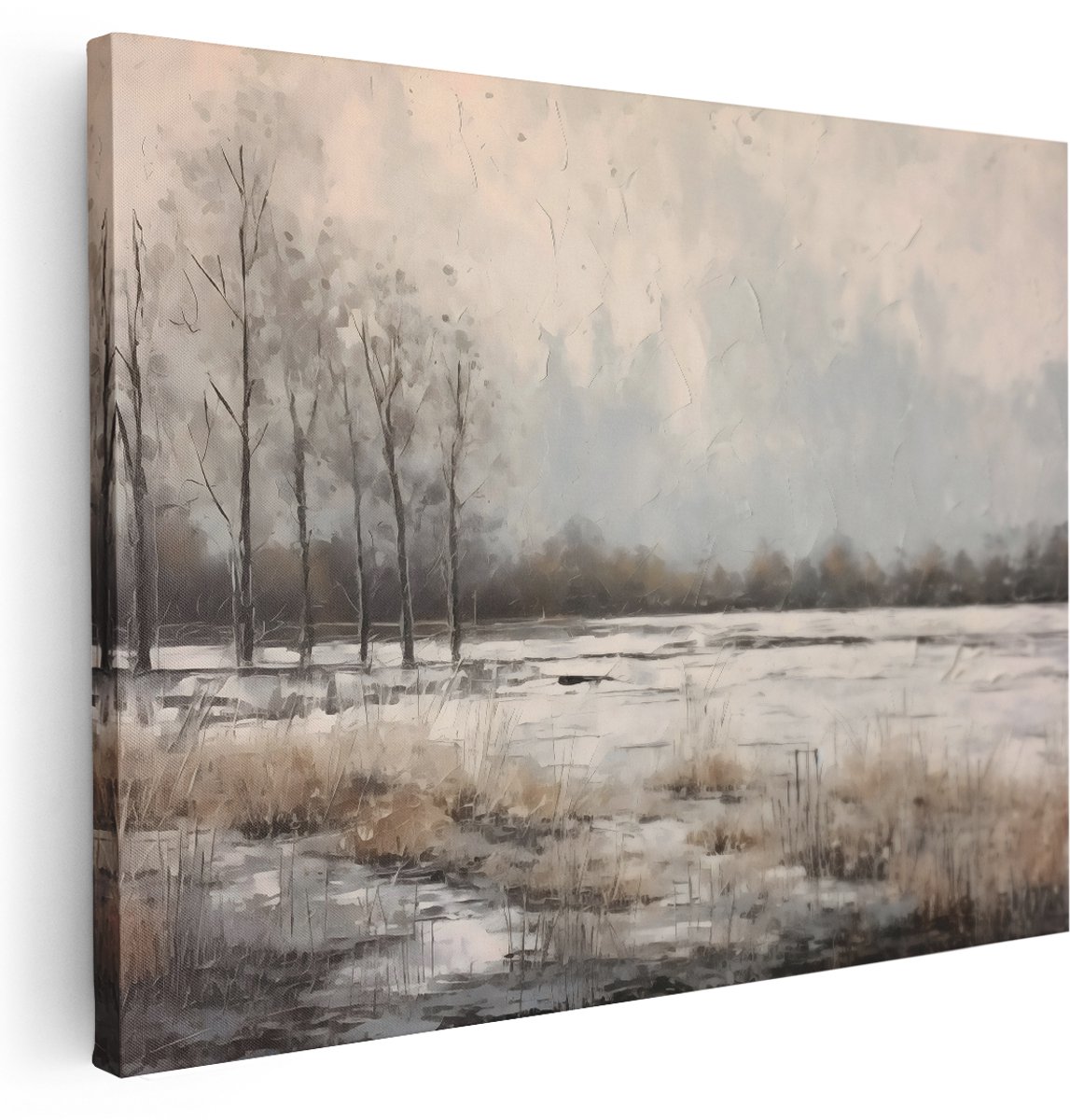 Artaza Canvas Schilderij Landschap - 160x120 cm - Groot - Wanddecoratie Winter Natuur - Muurdecoratie Bomen - Kamer Accessoires Japandi