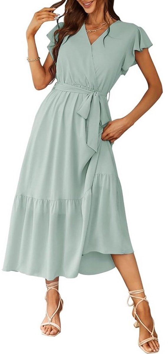 Lange Zomerjurk Dames Elegant V-hals Korte Mouw Boho Bloemen A-lijn Strandjurk