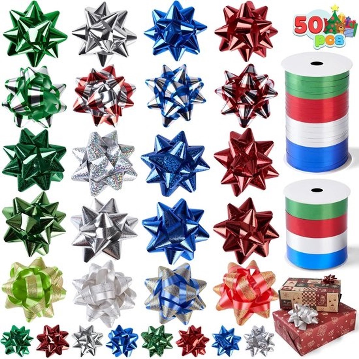 48x Geschenkstrikken Assortiment met 8 Rollen Inpaklint - Zelfklevend & Krullint