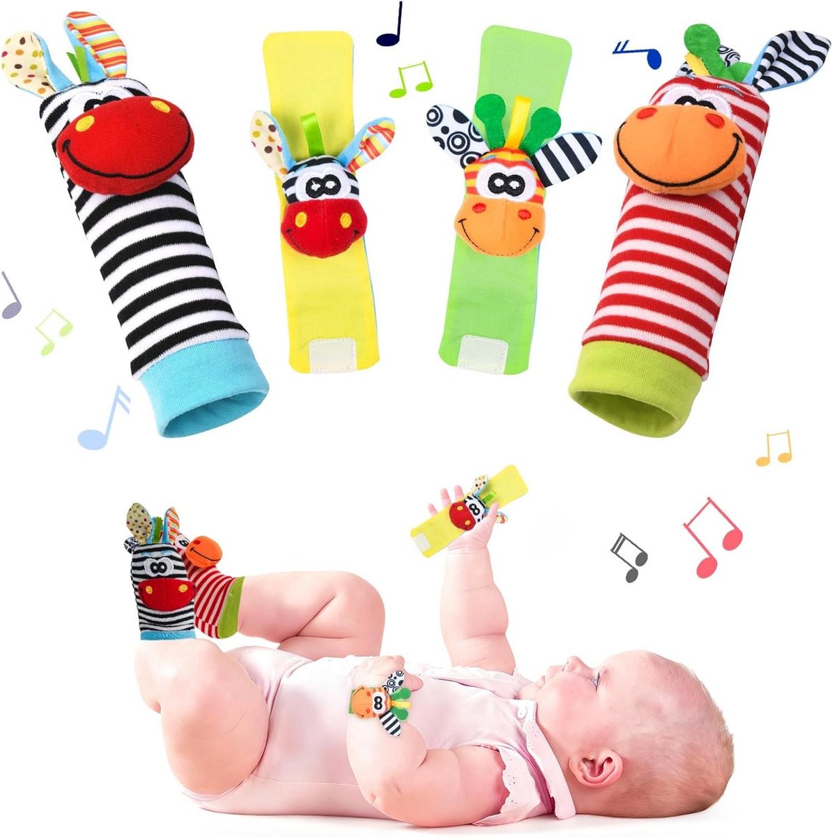 Babyspeelgoed Set - Rammelaars En Sokken - Zintuiglijke Ontwikkeling - Zachte Dierenfiguren - 4 Delig - Multicolor