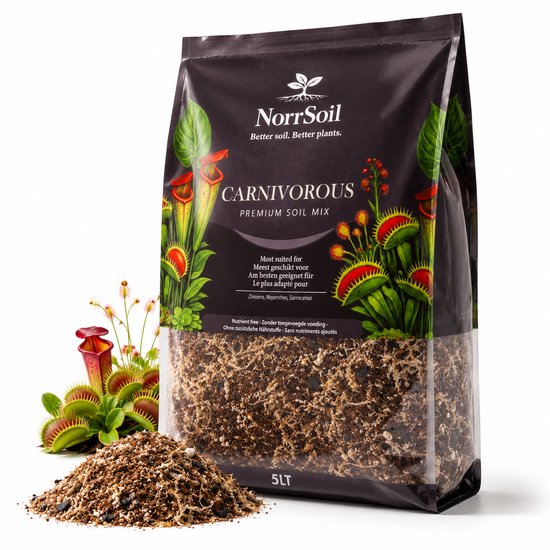 Zak NorrSoil premium potgrond voor vleesetende planten, met afbeeldingen van Venusvliegenvangers en bekerplanten.