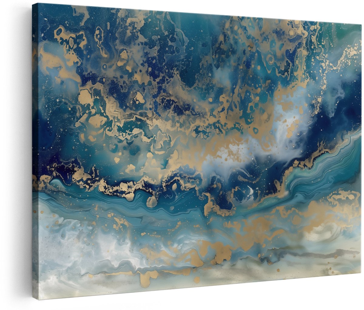 Artaza Canvas Schilderij Abstract Kunstwerk van Blauw en Goud - 150x100 cm - Groot - Wanddecoratie Woonkamer - Schilderijen - Muurdecoratie